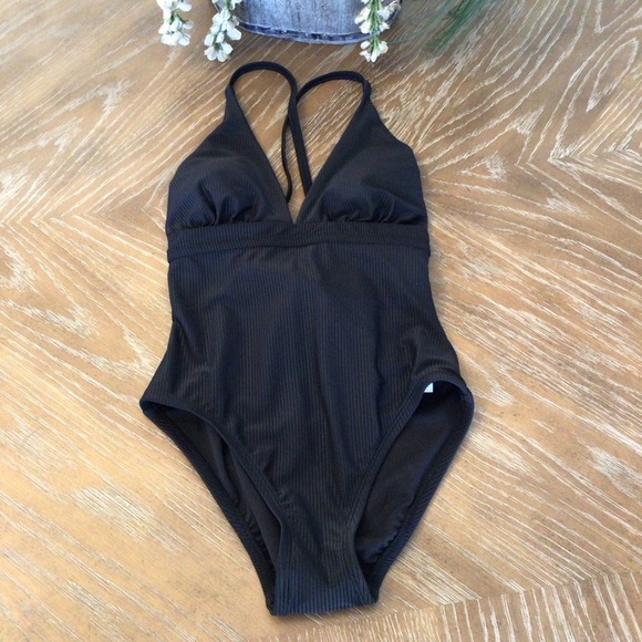 Time And Tru Womens Black Ribbed Plunge X-Back One Piece Swimsuit Size XS - Picture 4 of 10
